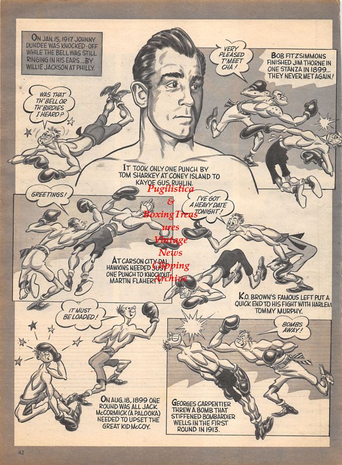 Boxing News Clipping #1130 - 1 Punch Knockouts Cartoon by Lenny Hollreiser, Gene Fullmer vs. Sugar Ray Robinson
