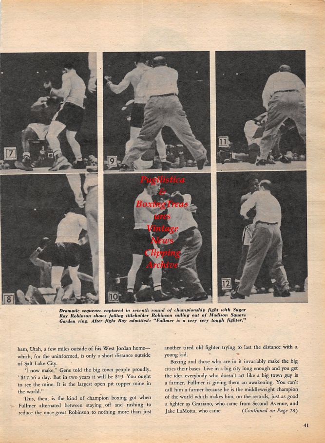 Boxing News Clipping #1130 - 1 Punch Knockouts Cartoon by Lenny Hollreiser, Gene Fullmer vs. Sugar Ray Robinson