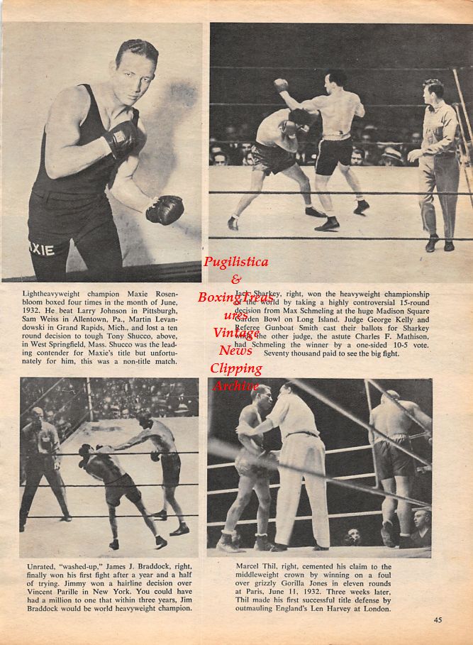 Boxing News Clipping #1132 - Maxie Rosenbloom, Jack Sharkey vs. Max Schmeling, Jim Braddock vs. Vincent Parille, Marcel Thil vs. Gorilla Jones, Flash Elorde, Roland LaStarza vs. Rex Layne and others