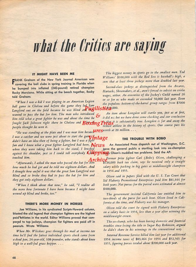 Boxing News Clipping #1133 - Charley White, Luther Rawlings, Bobo Olson, Sugar Ray Robinson vs. Jake LaMotta, Floyd Patterson