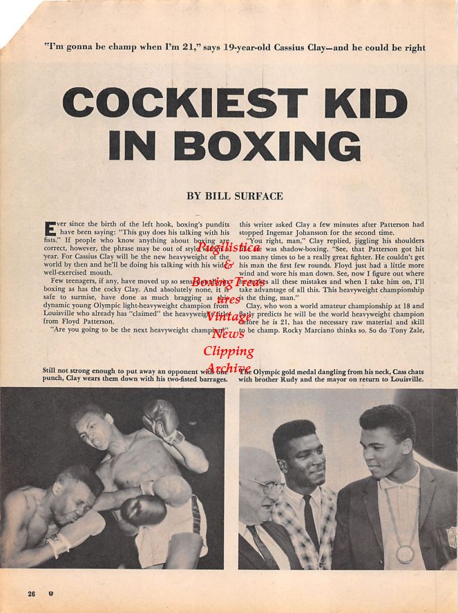 Boxing News Clipping #1149 - 1962 "Cockiest Kid In Boxing" Muhammad Ali, Davey Moore