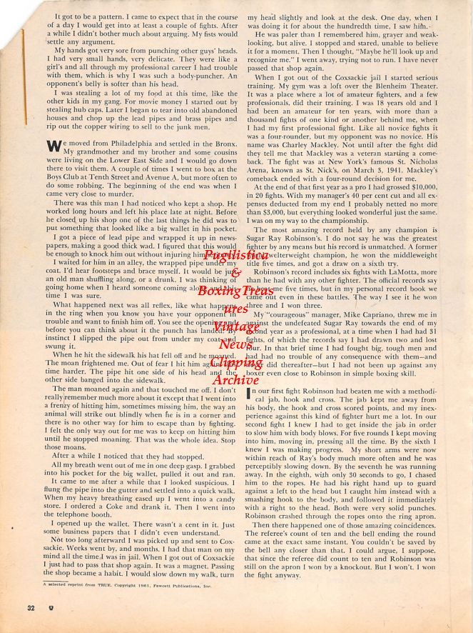 Boxing News Clipping #1152 - Jake LaMotta "Honest Fighters Finish Last"