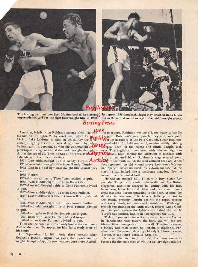 Boxing News Clipping #1163 - Sugar Ray Robinson vs. Paul Pender, Joey Maxim, Bobo Olson
