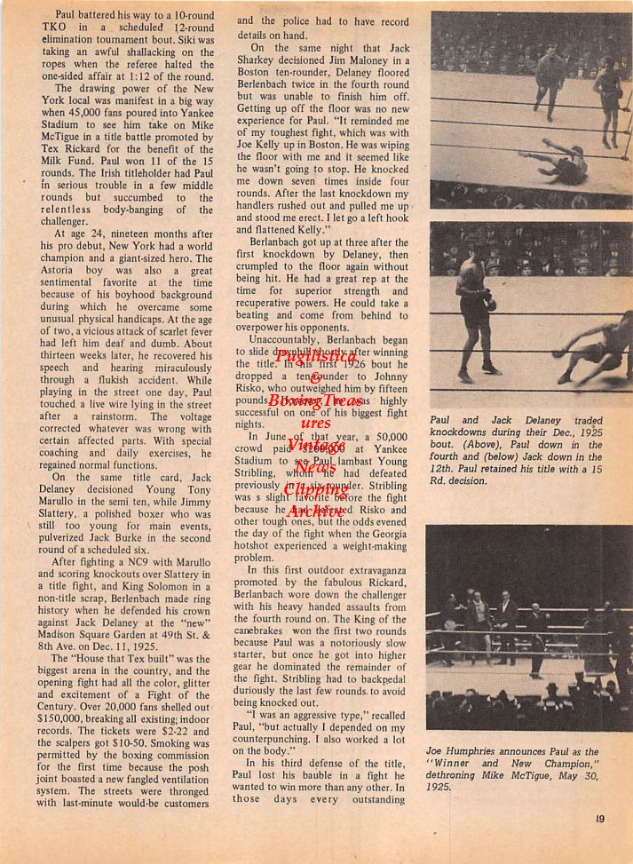 Boxing News Clipping #117 - Paul Berlenbach, Jack Delaney, Mike McTigue, Tony Galento, Petey Scalzo, Ruby Goldstein, Lou Salica, Mickey Walker, Solly Seamon, Sam Taub, Scoop Gallelo, Sam Venti