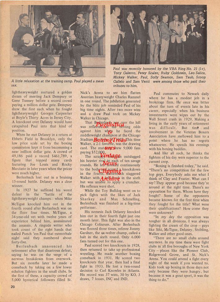 Boxing News Clipping #117 - Paul Berlenbach, Jack Delaney, Mike McTigue, Tony Galento, Petey Scalzo, Ruby Goldstein, Lou Salica, Mickey Walker, Solly Seamon, Sam Taub, Scoop Gallelo, Sam Venti