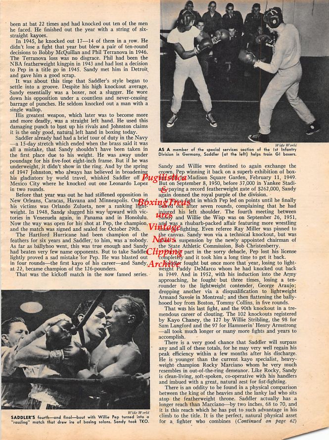 Boxing News Clipping #1176 - Don Cockell, Harry Kid Matthews, Randy Turpin, Sandy Sadler vs. Willie Pep