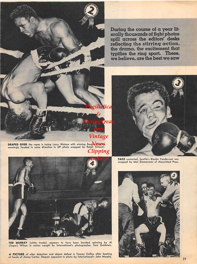 Boxing News Clipping #1181 - Rocky Castellani vs. Pierre Langlois, Tiger Jones vs. Jimmy Herring, Glen Flanagan, Lulu Perez, Paddy DeMarco, George Araujo, Ezzard Charles, Larry Watson, Blackie Vanderveer, Ted Murray, Al Wilson, Jimmy Carter, Tommy Collins