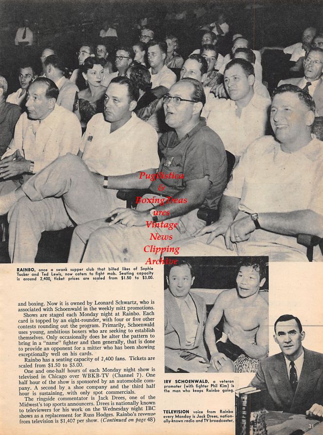 Boxing News Clipping #1183 - Rainbo Arena boxing crowd, Phil Kim, Irv Schoenwald, Jack Drees, Hank Weaver, Jimmy Powers, Jack Gregson