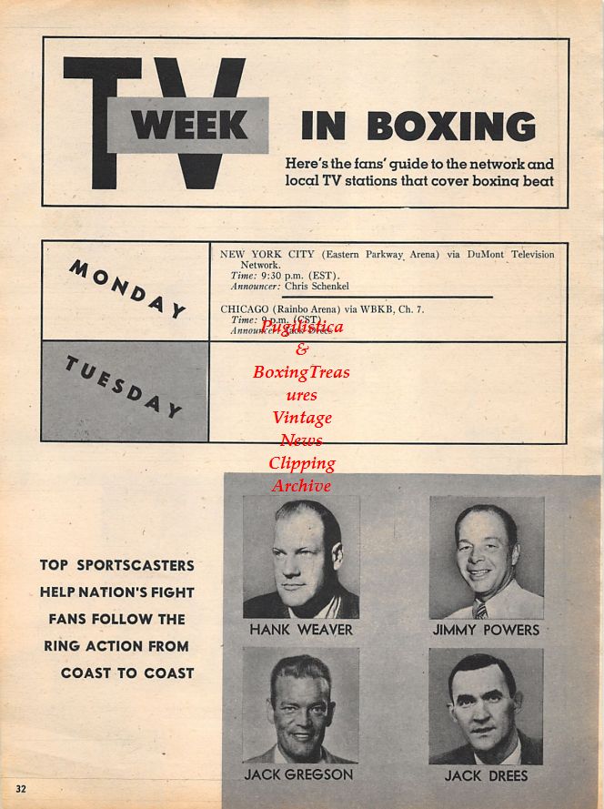 Boxing News Clipping #1183 - Rainbo Arena boxing crowd, Phil Kim, Irv Schoenwald, Jack Drees, Hank Weaver, Jimmy Powers, Jack Gregson