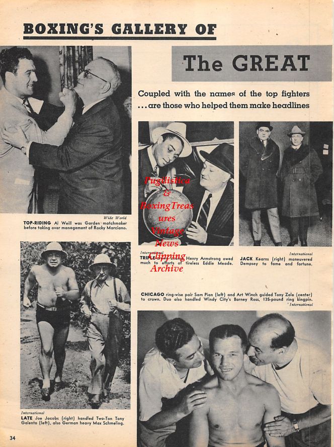 Boxing News Clipping #1184 - Rocky Marciano, Al Weill, Joe Jacobs, Tony Galento, Henry Armstrong, Eddie Meade, Jack Kearns, Jack Dempsey, Tony Zale, Sam Pian, Art Winch, Russ Hodges, Fred Wolf, Fred Sayles, Bob Finnegan, Chris Schenkel