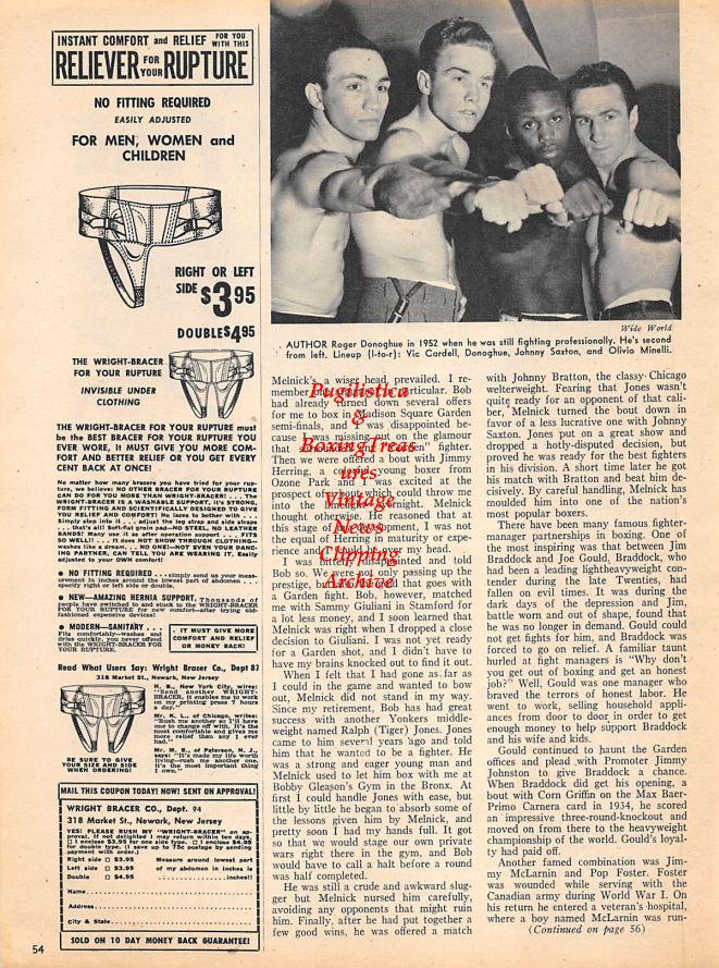 Boxing News Clipping #1192 - Vic Cardell, Roger Donoghue, Johnny Saxton, Olivio Minelli