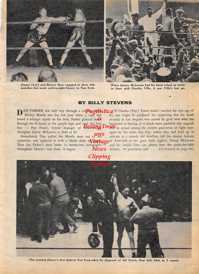 Boxing News Clipping #1204 - Charley Joseph vs. Milo Savage, Jimmy McLarnin vs. Barney Ross, Pancho Villa and Sid Terris