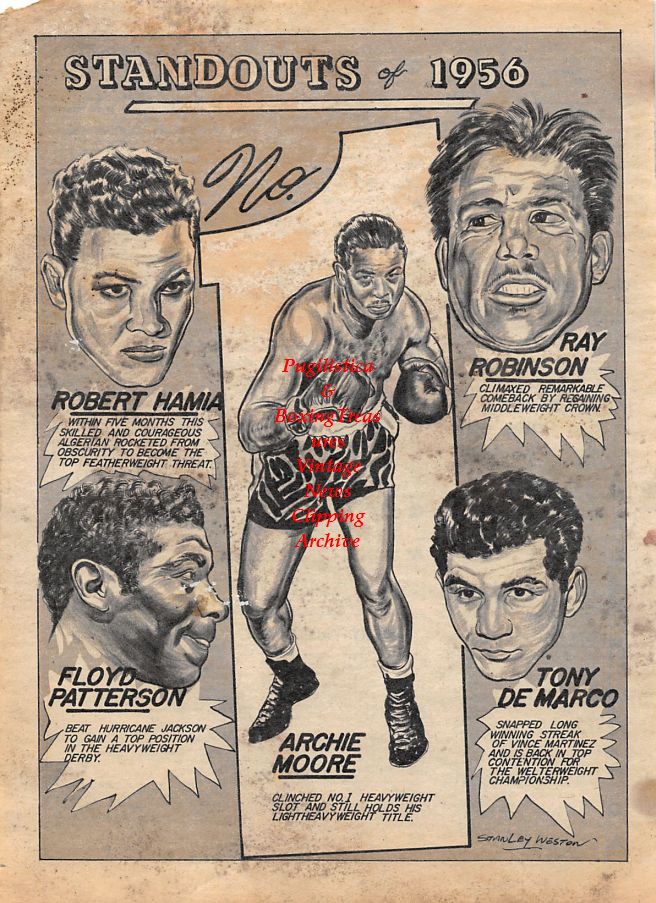 Boxing News Clipping #1210 - "Standouts of 1956" cartoon with Cherif Hamia, Floyd Patterson, Archie Moore, Tony DeMarco, Sugar Ray Robinson
