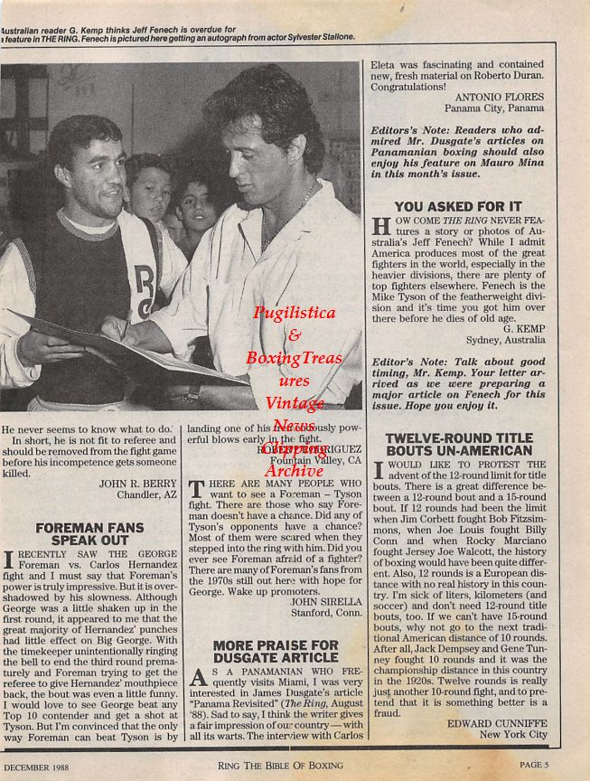 Boxing News Clipping #1211 - Ralph Citro, Jeff Fenech, Sylvester Stallone