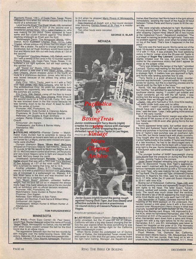 Boxing News Clipping #1230 - Terry Norris, Javier Suazo vs. Young Dick Tiger, Khalil Khalil