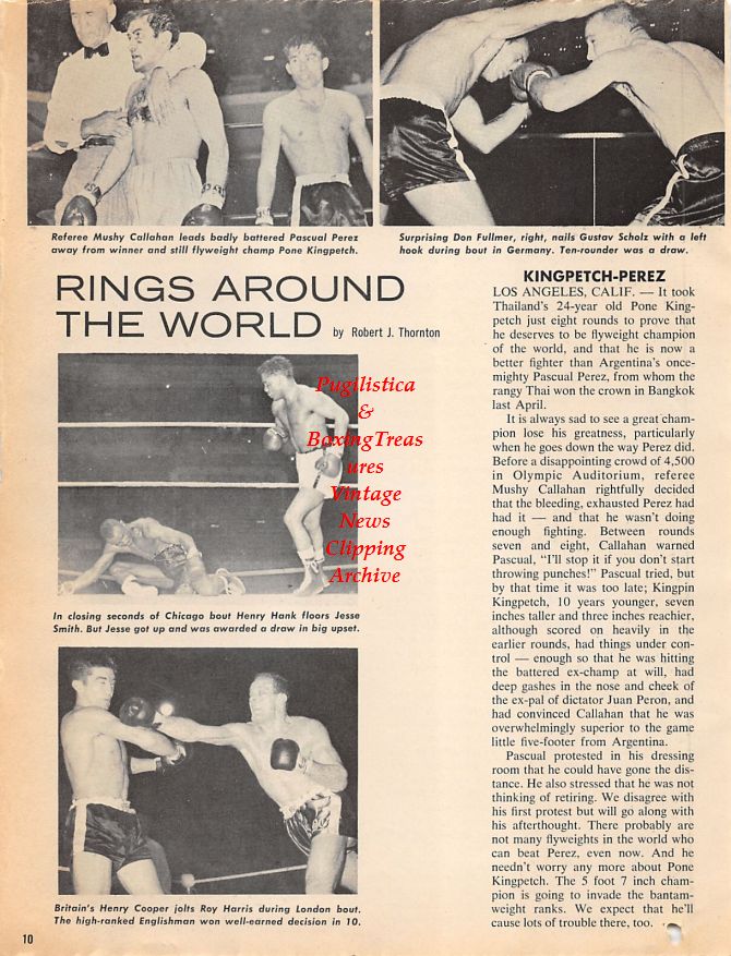 Boxing News Clipping #1237 - Pascual Perez vs. Pone Kingpetch, Don Fullmer vs. Gustav Scholz, Henry Hank vs. Jesse Smith, Henry Cooper vs. Roy Harris, Sugar Ray Robinson vs. Gene Fullmer