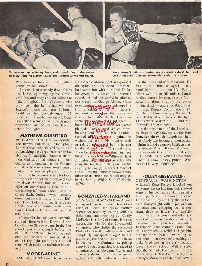 Boxing News Clipping #1238 - Kenny Lane vs. Sidney Adams, Ernie Buford vs. Ace Armstrong, Eddie Perkins vs. Gene Gresham, Len Matthews vs. Jorge Quintero