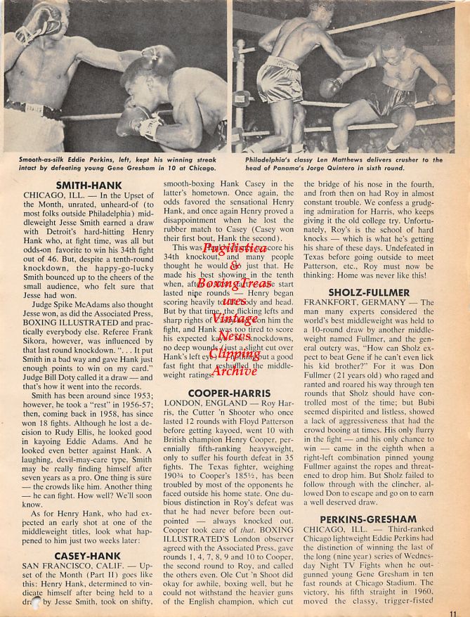 Boxing News Clipping #1238 - Kenny Lane vs. Sidney Adams, Ernie Buford vs. Ace Armstrong, Eddie Perkins vs. Gene Gresham, Len Matthews vs. Jorge Quintero