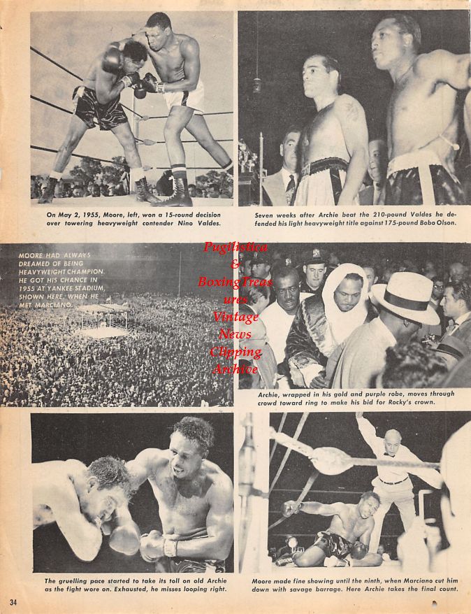 Boxing News Clipping #1248 - Archie Moore and various opponents, Bobo Olson, Nino Valdes, Rocky Marciano, Joey Maxim, Sandy Saddler, Harold Johnson