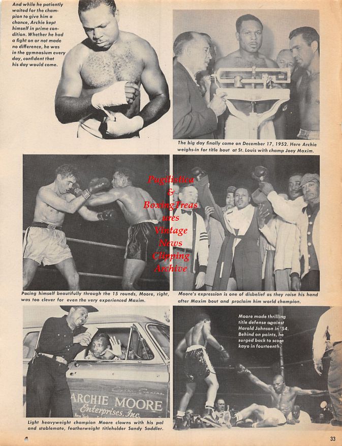 Boxing News Clipping #1248 - Archie Moore and various opponents, Bobo Olson, Nino Valdes, Rocky Marciano, Joey Maxim, Sandy Saddler, Harold Johnson
