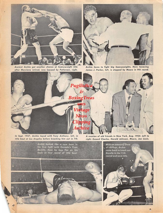 Boxing News Clipping #1249 - Archie Moore and various opponents, James J. Parker, Floyd Patterson, Tony Anthony, Yvon Durelle, Bobo Olson, Rocky Marciano, Yolande Pompey
