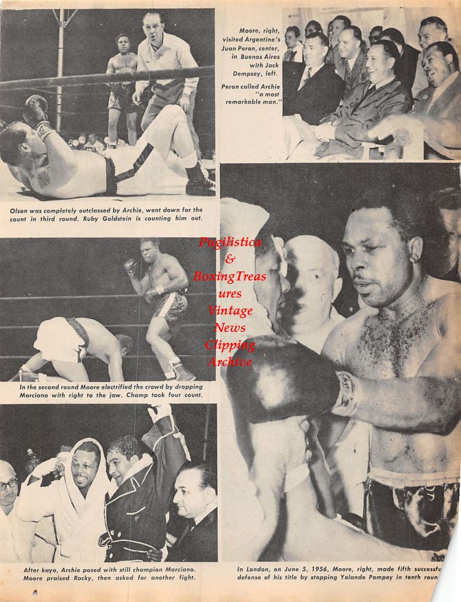 Boxing News Clipping #1249 - Archie Moore and various opponents, James J. Parker, Floyd Patterson, Tony Anthony, Yvon Durelle, Bobo Olson, Rocky Marciano, Yolande Pompey