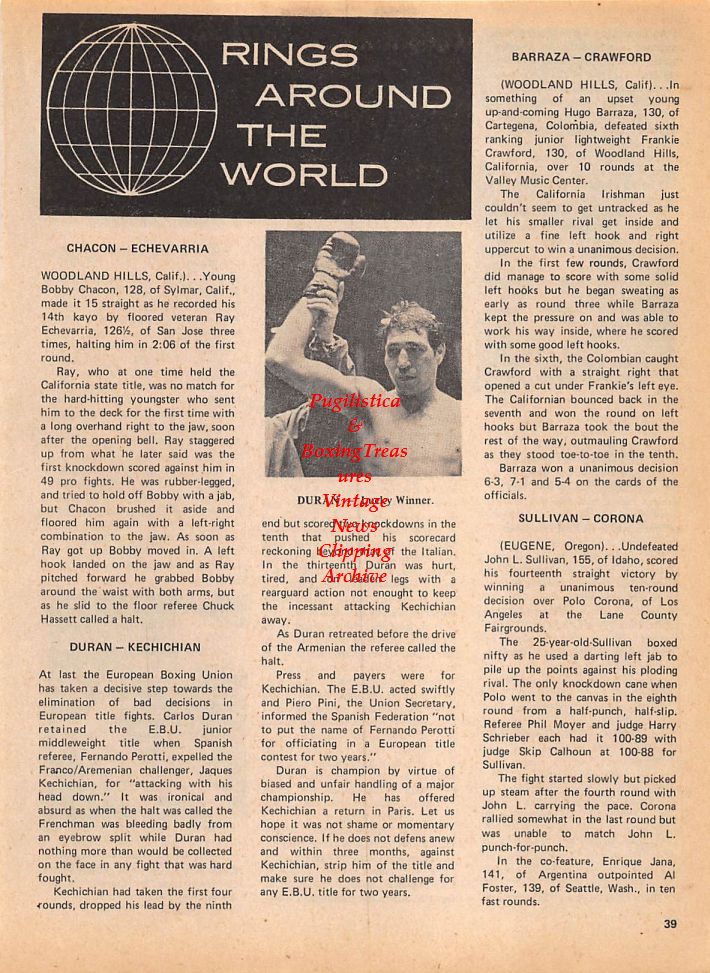 Boxing News Clipping #125 - Carlos Duran, Sammy Goss vs. Jose Luis Lopez, Pedro Lovell vs. Mike Boswell