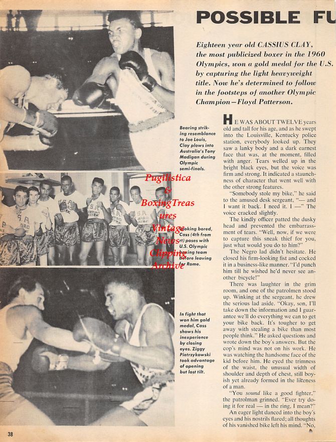 Boxing News Clipping #1250 - 1960 Cassius Clay / Muhammad Ali Olympian clipping with team, Tony Madigan, Ziggy Pietrzykowski, Archie Moore photo collage