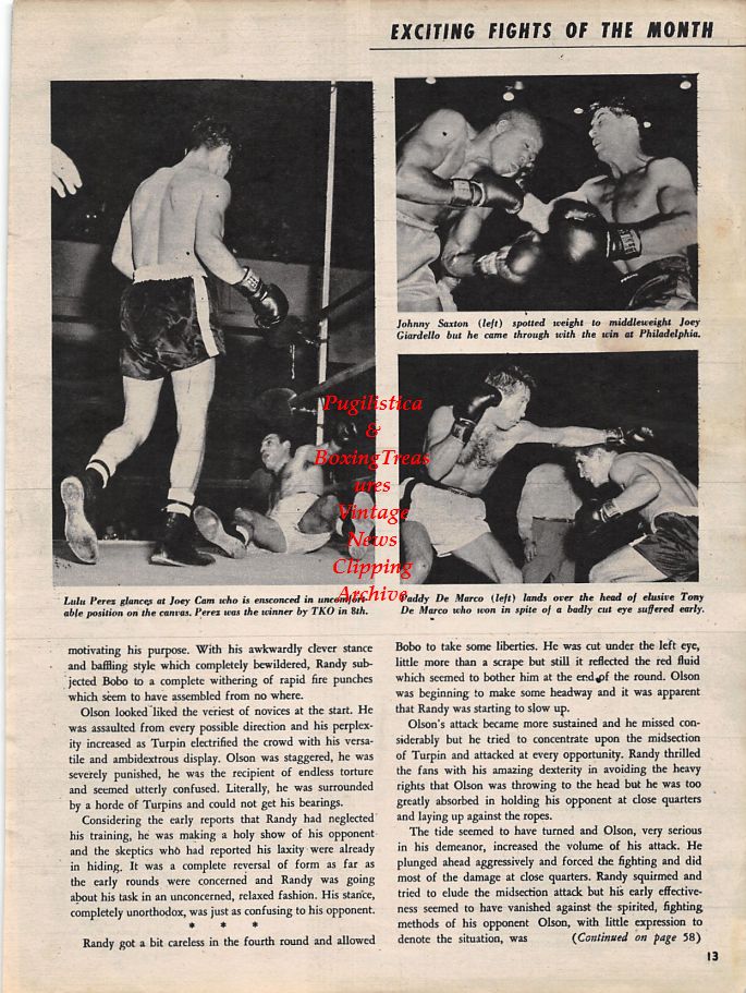 Boxing News Clipping #1258 - Ezzard Charles pin-up, Lulu Perez vs. Joey Cam, Johnny Saxton vs. Joey Giardello, Paddy DeMarco vs. Tony DeMarco