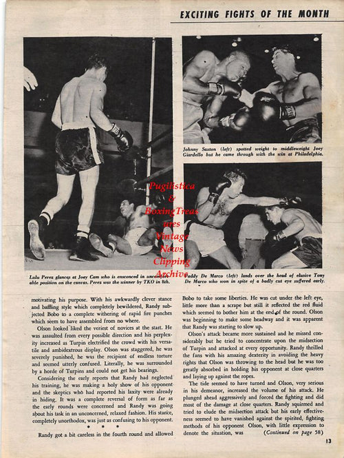Boxing News Clipping #1258 - Ezzard Charles pin-up, Lulu Perez vs. Joey Cam, Johnny Saxton vs. Joey Giardello, Paddy DeMarco vs. Tony DeMarco