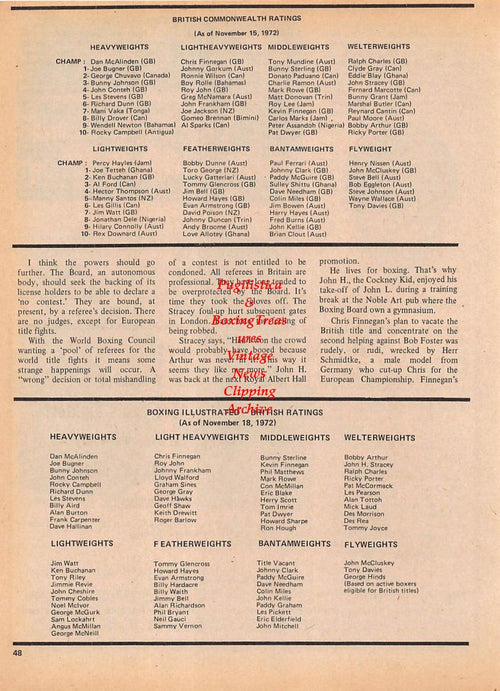 Boxing News Clipping #126 - Bobby Arthur, John H. Stracey, Ray Clarke, Reg Gutteridge