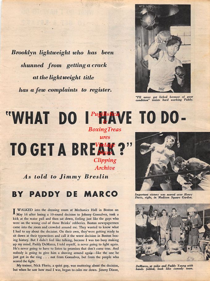 Boxing News Clipping #1265 - Paddy DeMarco and various opponents, Henry Davis, Paddy Young, Johnny Gonsalves
