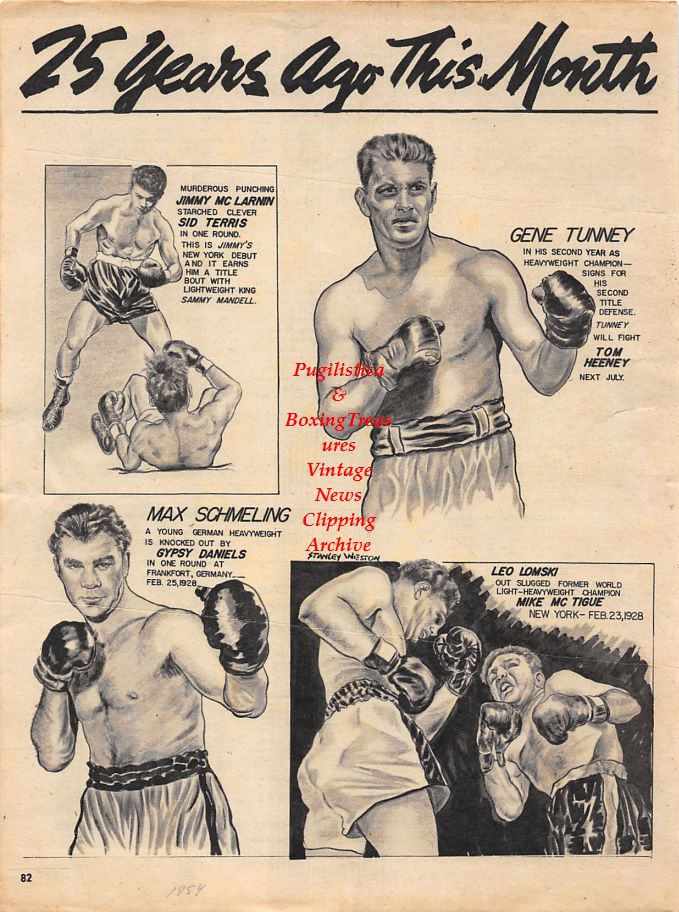 Boxing News Clipping #1275 - Cartoon with Gene Tunney, Jimmy McLarnin, Max Schmeling, Leo Lomski vs. Mike McTigue