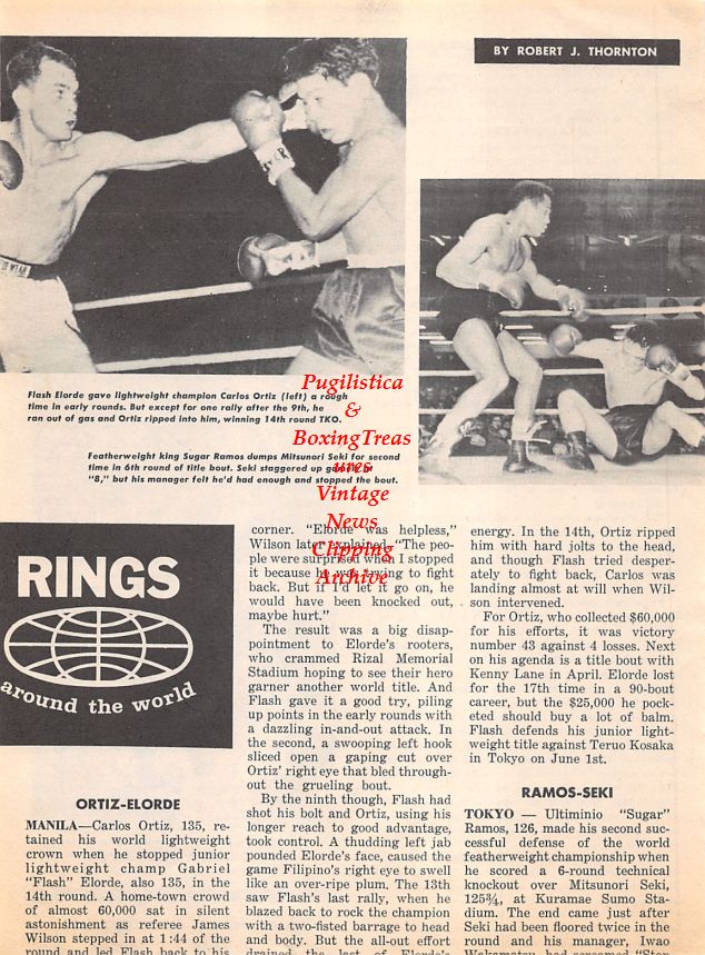 Boxing News Clipping #1280 - Flash Elorde vs. Carlos Ortiz, Sugar Ramos vs. Mitsunori Seki, Muhammad Ali vs. Sonny Liston