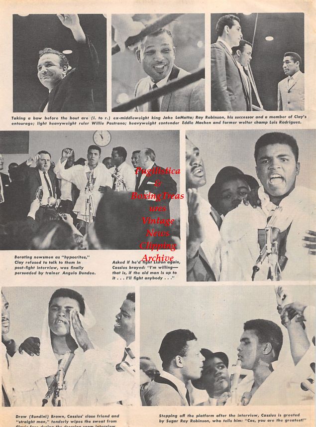 Boxing News Clipping #1293 - Muhammad Ali vs. Sonny Liston, Willie Reddish, Jack Nilon, Jake LaMotta, Sugar Ray Robinson, Willie Pastrano, Eddie Machen, Luis Rodriguez, Bundini Brown