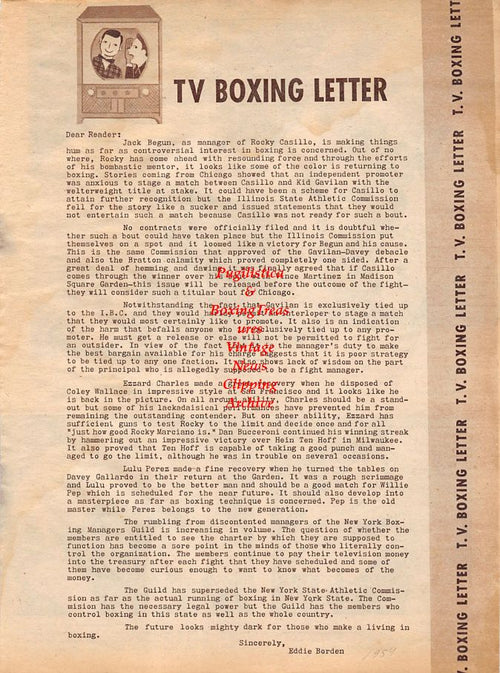 Boxing News Clipping #1299 - Billy Graham vs. Paddy Young, Del Flanagan vs. Johnny Saxton, Ezzard Charles vs. Coley Wallace