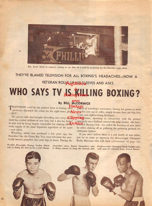 Boxing News Clipping #1302 - Tuzo Portuguez, Randy Sandy, Ray Arcel, Yoshio Shirai, Jimmy Carruthers, Sandy Saddler
