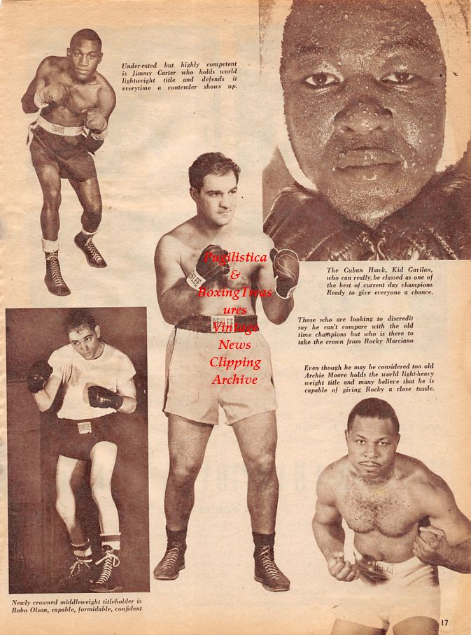 Boxing News Clipping #1303 - Jimmy Carter, Kid Gavilan, Rocky Marciano, Archie Moore, Bobo Olson, Vince Martinez, Chico Vejar, Carmine Fiore, Sammy Giuliani, Danny Giovanelli