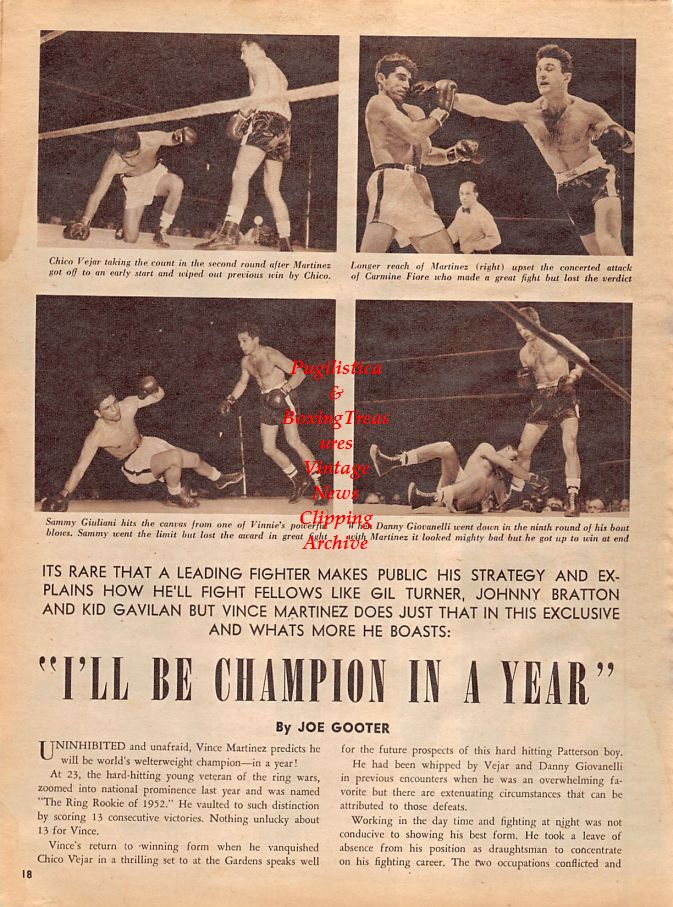 Boxing News Clipping #1303 - Jimmy Carter, Kid Gavilan, Rocky Marciano, Archie Moore, Bobo Olson, Vince Martinez, Chico Vejar, Carmine Fiore, Sammy Giuliani, Danny Giovanelli