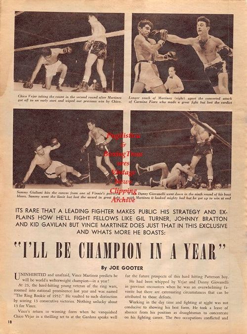 Boxing News Clipping #1303 - Jimmy Carter, Kid Gavilan, Rocky Marciano, Archie Moore, Bobo Olson, Vince Martinez, Chico Vejar, Carmine Fiore, Sammy Giuliani, Danny Giovanelli