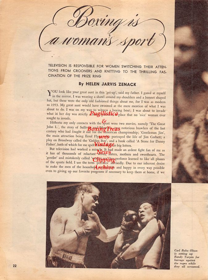 Boxing News Clipping #1305 - Bobo Olson vs. Randy Turpin, Mushky Salow, Jimmy DeAngelo, Vinnie Cerola, Sol Gold, Al Buck, Sid Flaherty, Dewey Fragetta, Ray Arcel