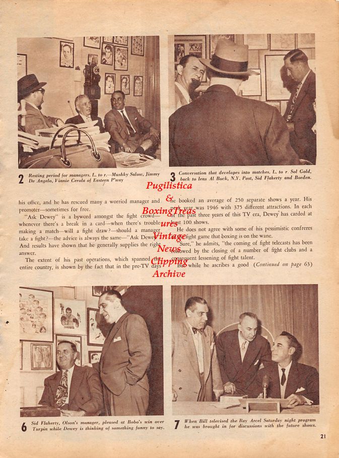 Boxing News Clipping #1305 - Bobo Olson vs. Randy Turpin, Mushky Salow, Jimmy DeAngelo, Vinnie Cerola, Sol Gold, Al Buck, Sid Flaherty, Dewey Fragetta, Ray Arcel