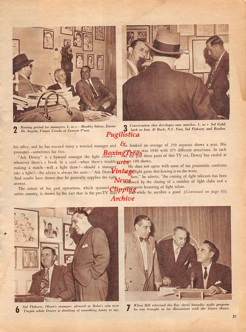 Boxing News Clipping #1305 - Bobo Olson vs. Randy Turpin, Mushky Salow, Jimmy DeAngelo, Vinnie Cerola, Sol Gold, Al Buck, Sid Flaherty, Dewey Fragetta, Ray Arcel