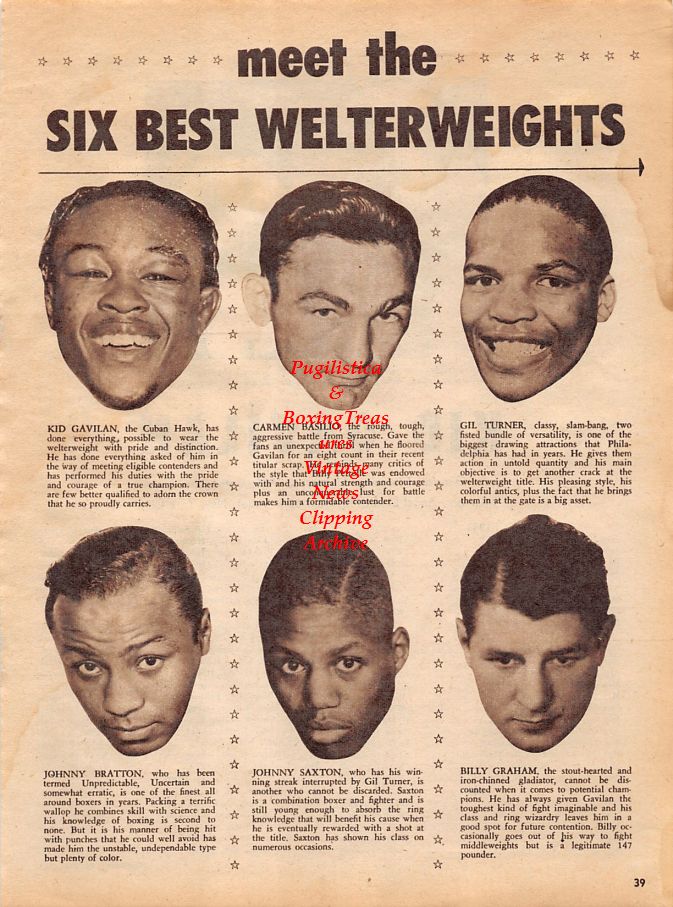 Boxing News Clipping #1314 - Kid Gavilan, Carmen Basilio, Gil Turner, Johnny Bratton, Johnny Saxton, Billy Graham, Kid Gavilan vs. Johnny Bratton