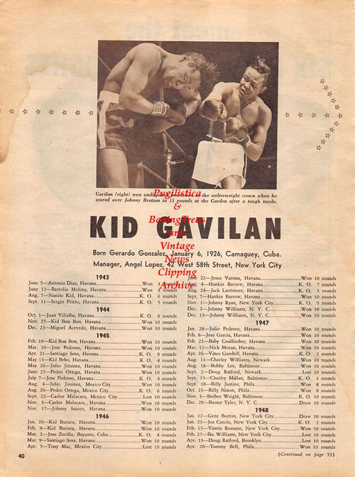 Boxing News Clipping #1314 - Kid Gavilan, Carmen Basilio, Gil Turner, Johnny Bratton, Johnny Saxton, Billy Graham, Kid Gavilan vs. Johnny Bratton