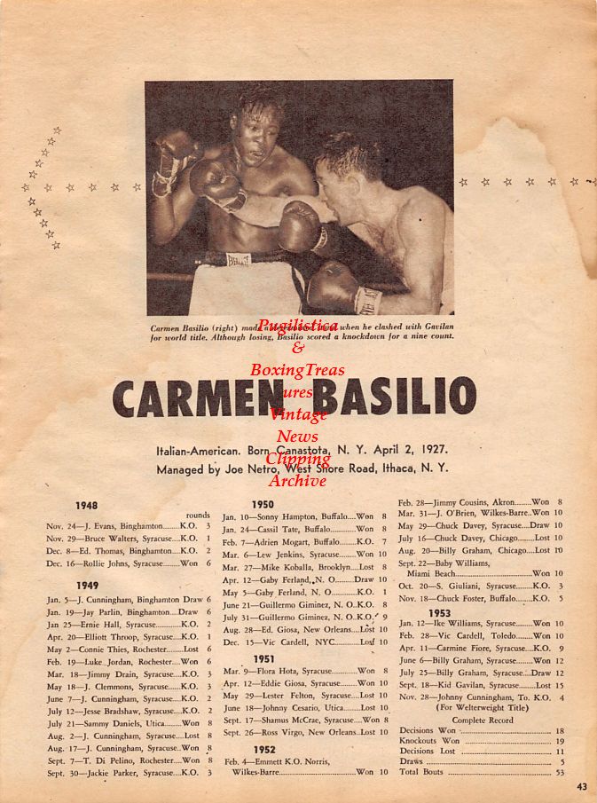 Boxing News Clipping #1316 - Carmen Basilio vs. Kid Gavilan, Gil Turner