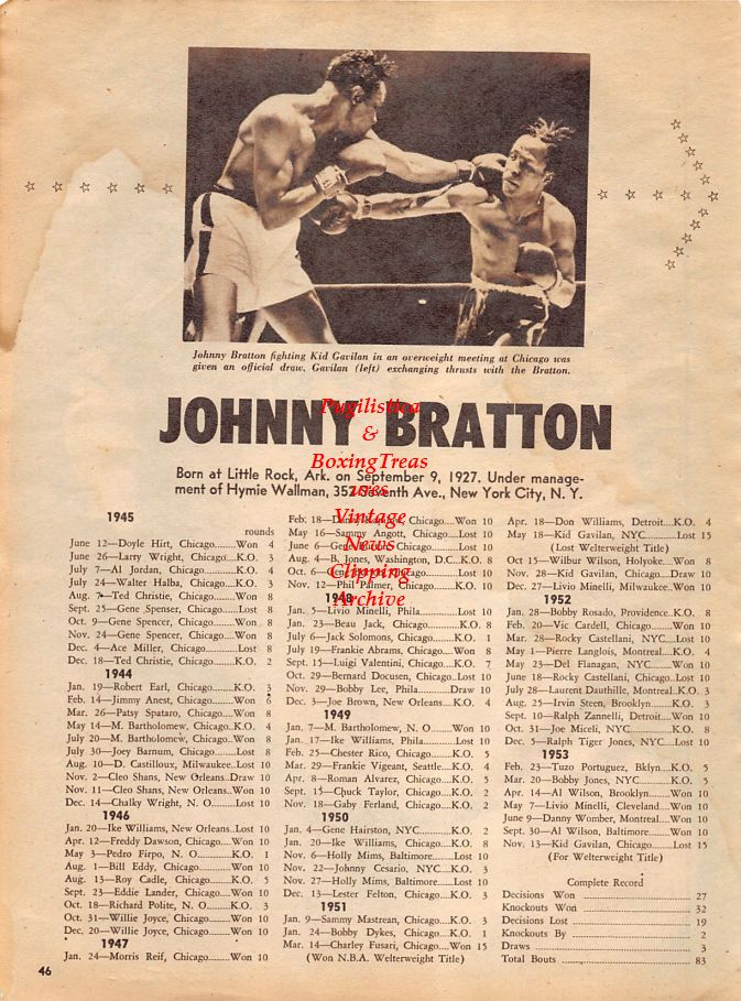 Boxing News Clipping #1317 - Gil Turner pin-up, Johnny Bratton vs. Kid Gavilan