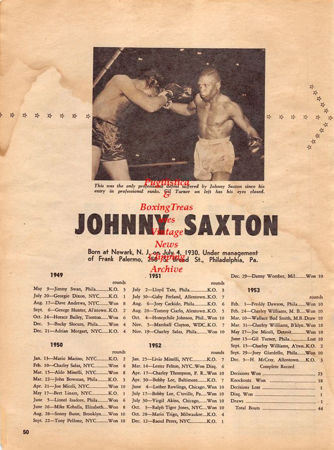 Boxing News Clipping #1319 - Johnny Saxton vs. Gil Turner, Billy Graham vs. Kid Gavilan