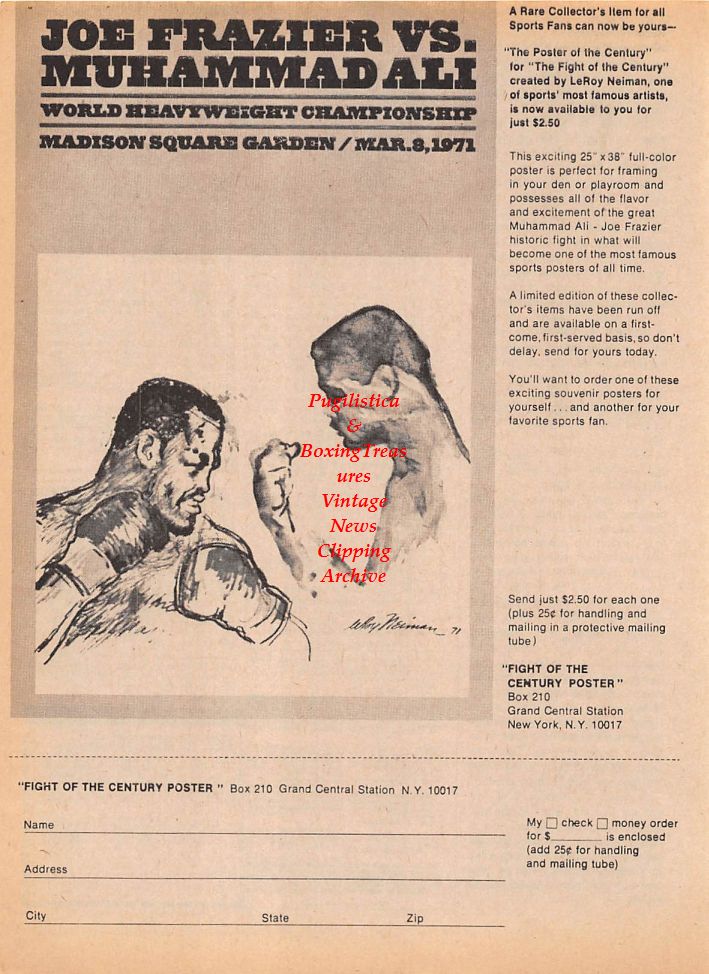 Boxing News Clipping #132 - Full page ad for Joe Frazier vs. Muhammad Ali Fight Poster by Leroy Neiman