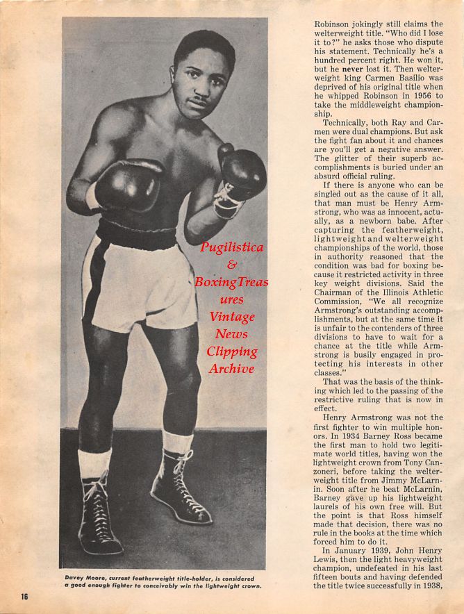 Boxing News Clipping #1329 - Davey Moore, Carmen Basilio vs. Sugar Ray Robinson, Barney Ross vs. Jimmy McLarnin